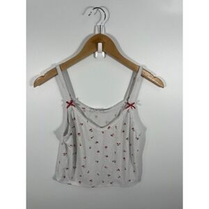 Womens Cherry Print Crop Tank Top L White‎ Lace Bow Coquette 2000s Soft Girl